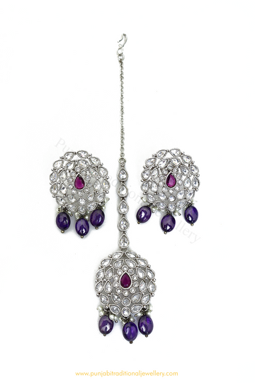 Silver Finished Purple Polki Studs & Tikka Set By PTJ
